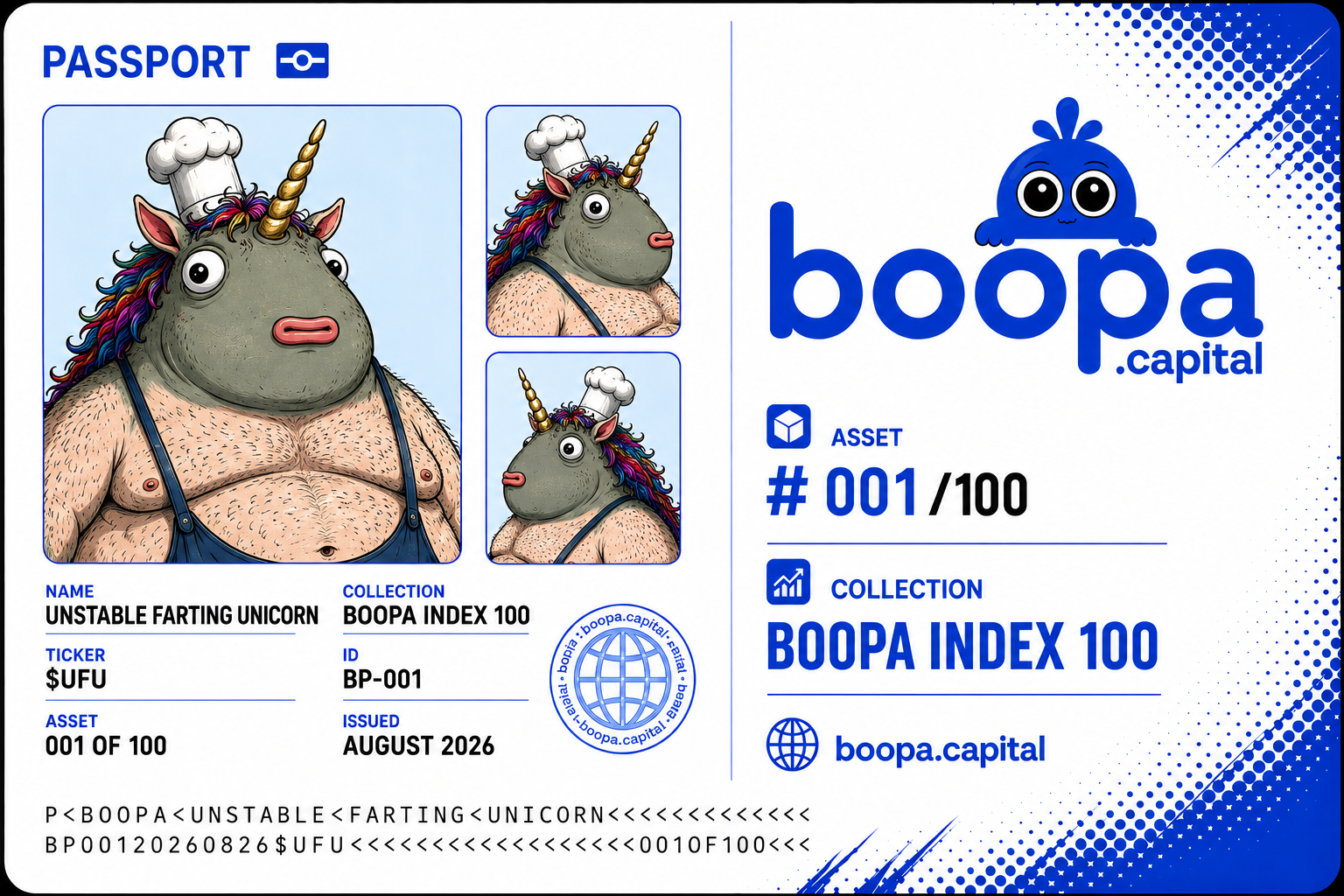 $UFU × boopa.capital — Unstable Farting Unicorn, BOOPA INDEX 100 asset #001/100